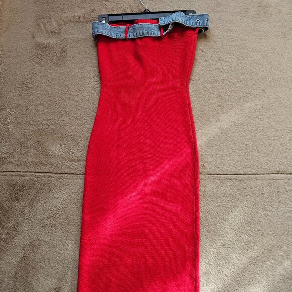 Red Strapless Bodycon Dress With Denim Belt - Picture 2 of 5